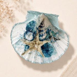 May include: A decorative scallop shell dish featuring a painted design of a beige starfish and various blue seashells. The edges of the shell are finished with a metallic light blue paint, and the interior surface displays a detailed nautical scene.