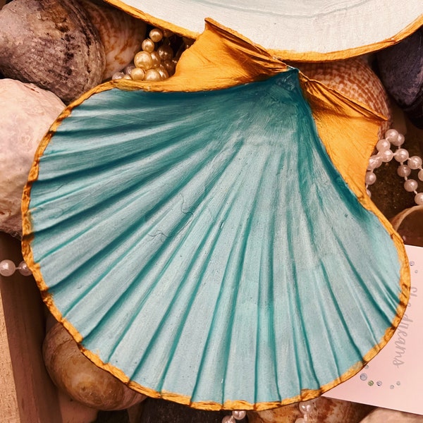 Hand painted scallop shell trinket dish pearly aqua with gold