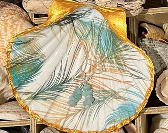 Hand decorated painted scallop shell trinket dish green feather theme decoupage with gold