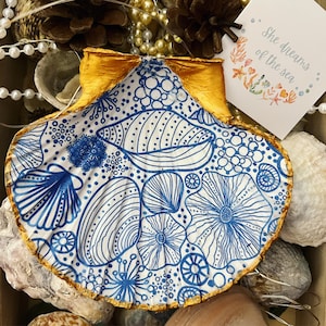 shell trinket dish decoupage blue and white shell design finished with gold