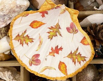 Hand decorated scallop decoupaged shell trinket dish autumn leaves