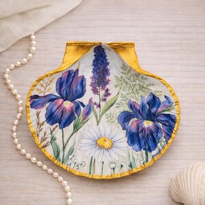 Shell trinket dish February birthday flower Iris finished with antique gold