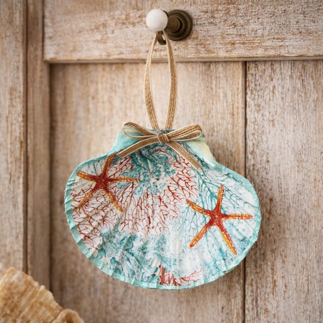 Shell Deco Handmade Hanging Scallop Shell Decoration Starfish & Coral With Pearl ...