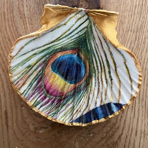 Hand decorated peacock design decoupaged shell trinket dish