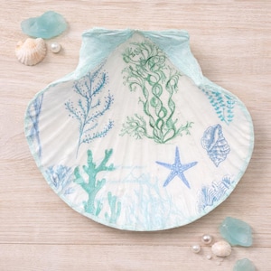 Hand decorated sealife seaweed shell trinket dish pearly aqua large