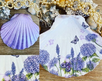 Hand decorated scallop shell trinket dish floral decoupaged and painted pearly lilac floral design