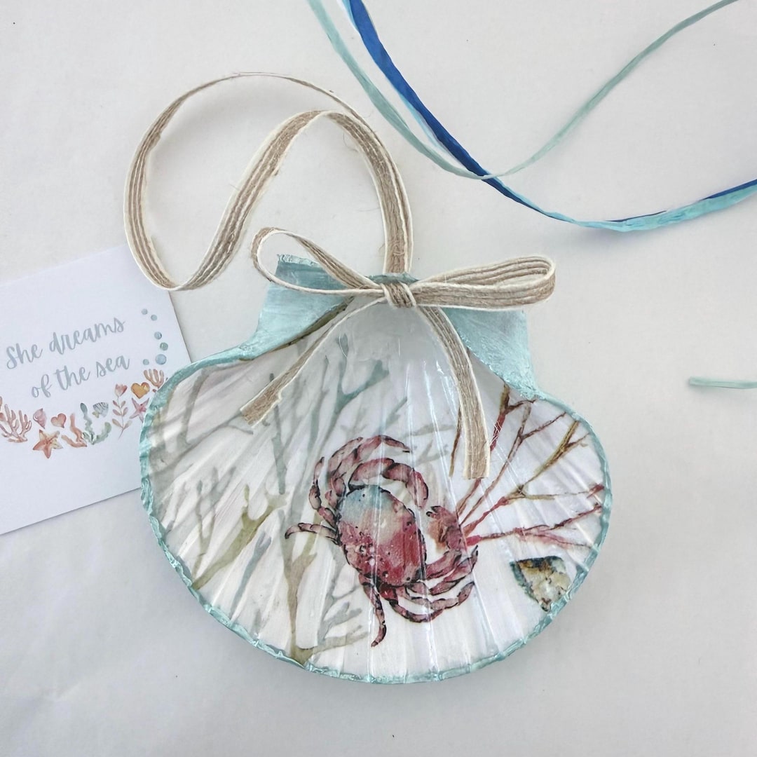 Shell With Ribbon Hanging Shell Decoration Decoupaged Crab With Aqua 11-13cm With Jute ...