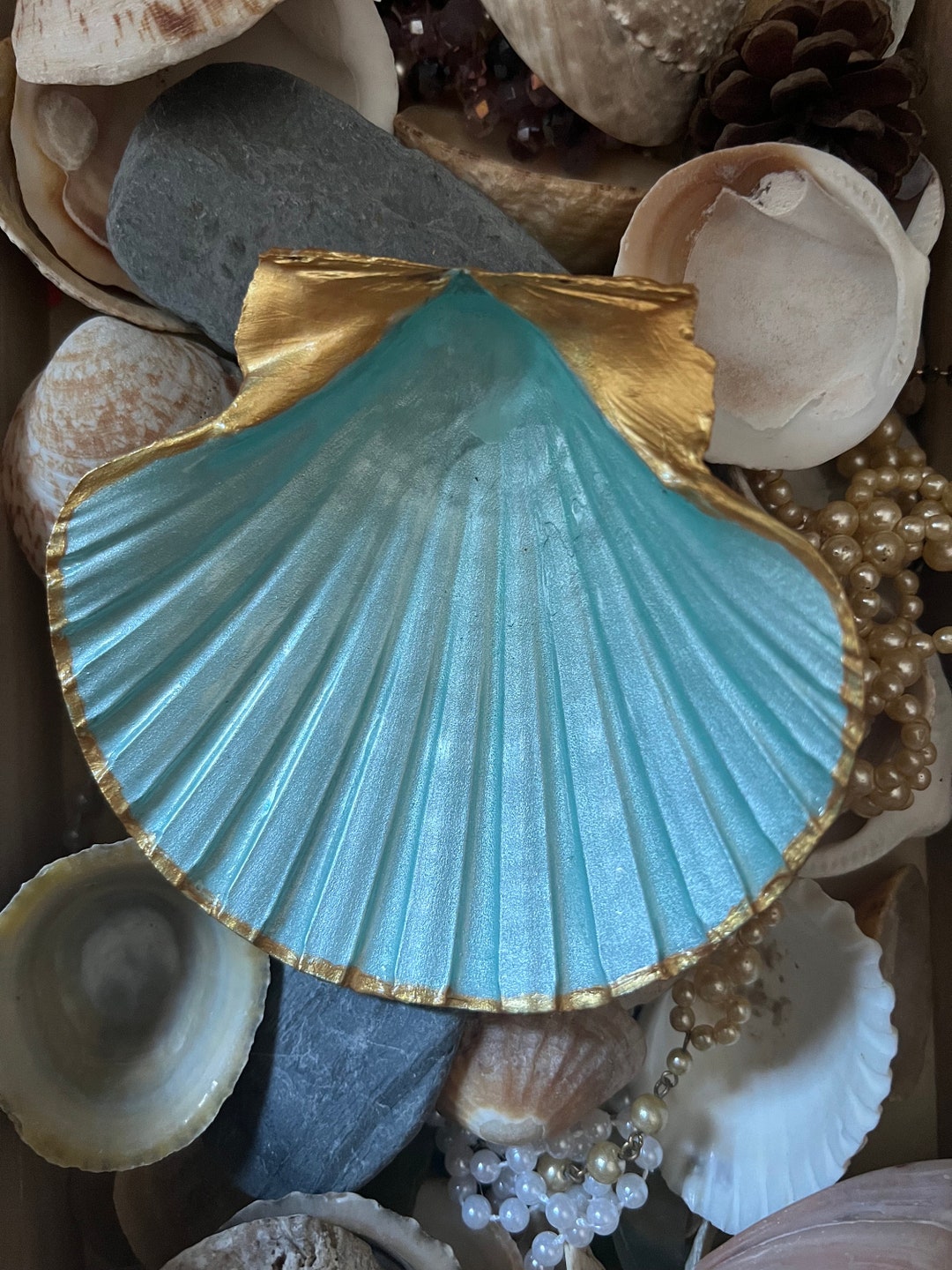 Hand Painted Scallop Shell Trinket Dish Pearly Aqua With Gold - Etsy