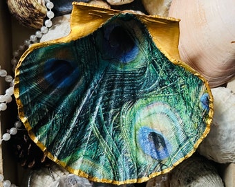 Hand decorated peacock design decoupaged shell trinket dish