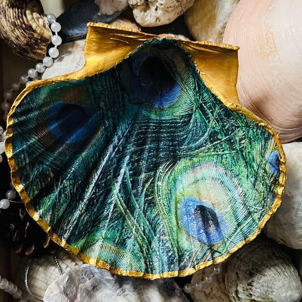 Hand decorated peacock design decoupaged shell trinket dish