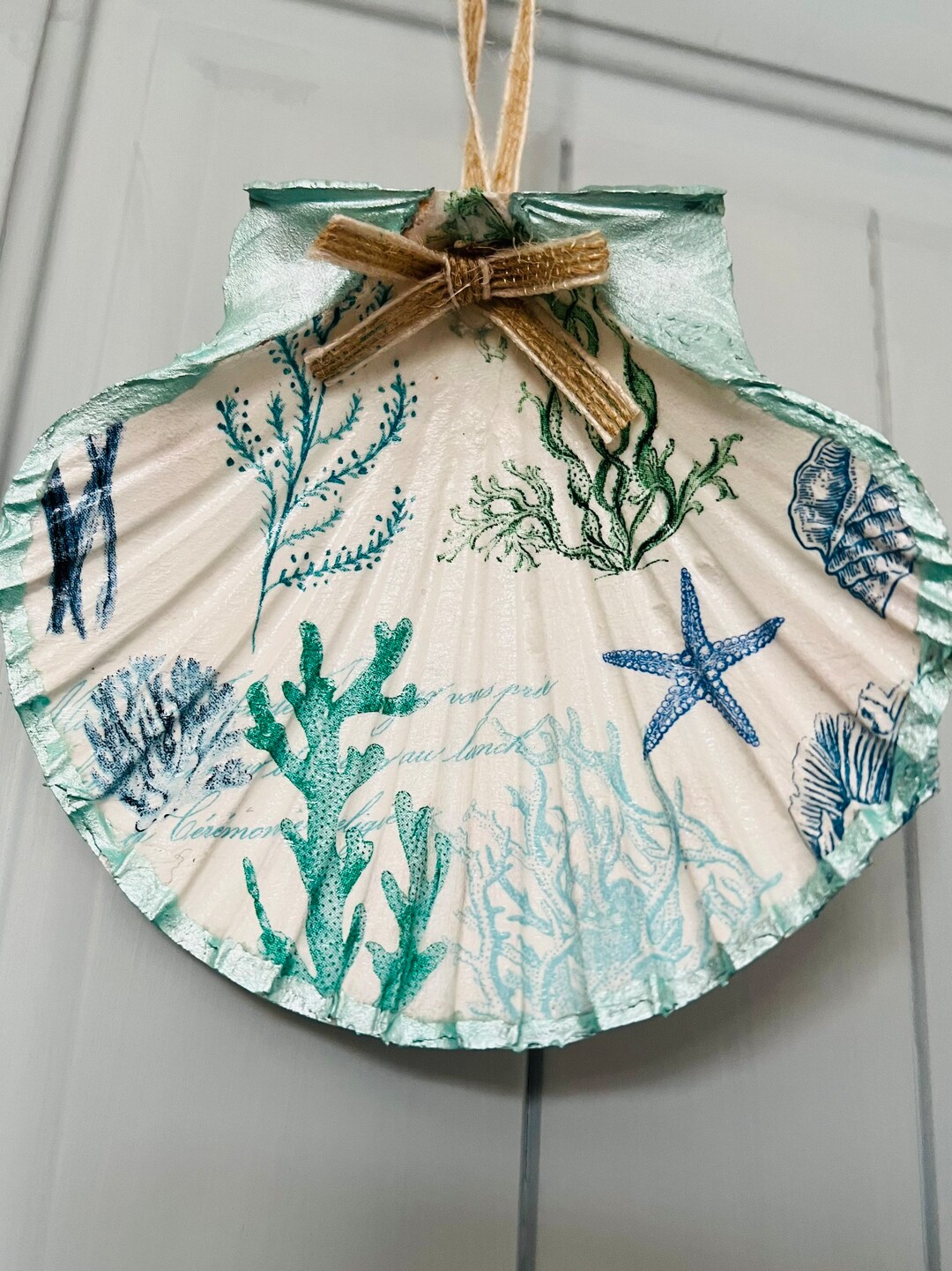Shell With Ribbon Hanging Shell Decoration Decoupaged Sealife With Aqua 11-13cm With Jute ...