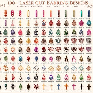 May include: A digital collection of over 100 laser cut earring designs labeled 100+ LASER CUT EARRING DESIGNS DIGITAL FILE BUNDLE SVG DXF AI EPS PNG. The image displays a grid of various colorful, intricate shapes including hearts, teardrops, and crosses.