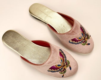 Embroidered butterfly velvet mules - women velvet slippers, luxury slippers, wedding slippers, bridal shower gifts, wedding flats