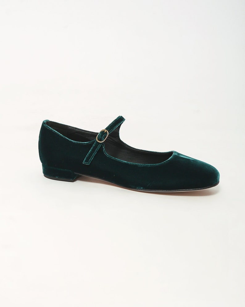 Green velvet Mary Jane low heels flats, ballet flats shoes image 2