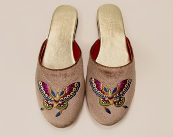 Embroidered butterfly velvet mules - women velvet slippers, luxury slippers, wedding slippers, bridal shower gifts, wedding flats