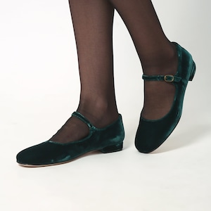 Green velvet Mary Jane low heels flats, ballet flats shoes image 8