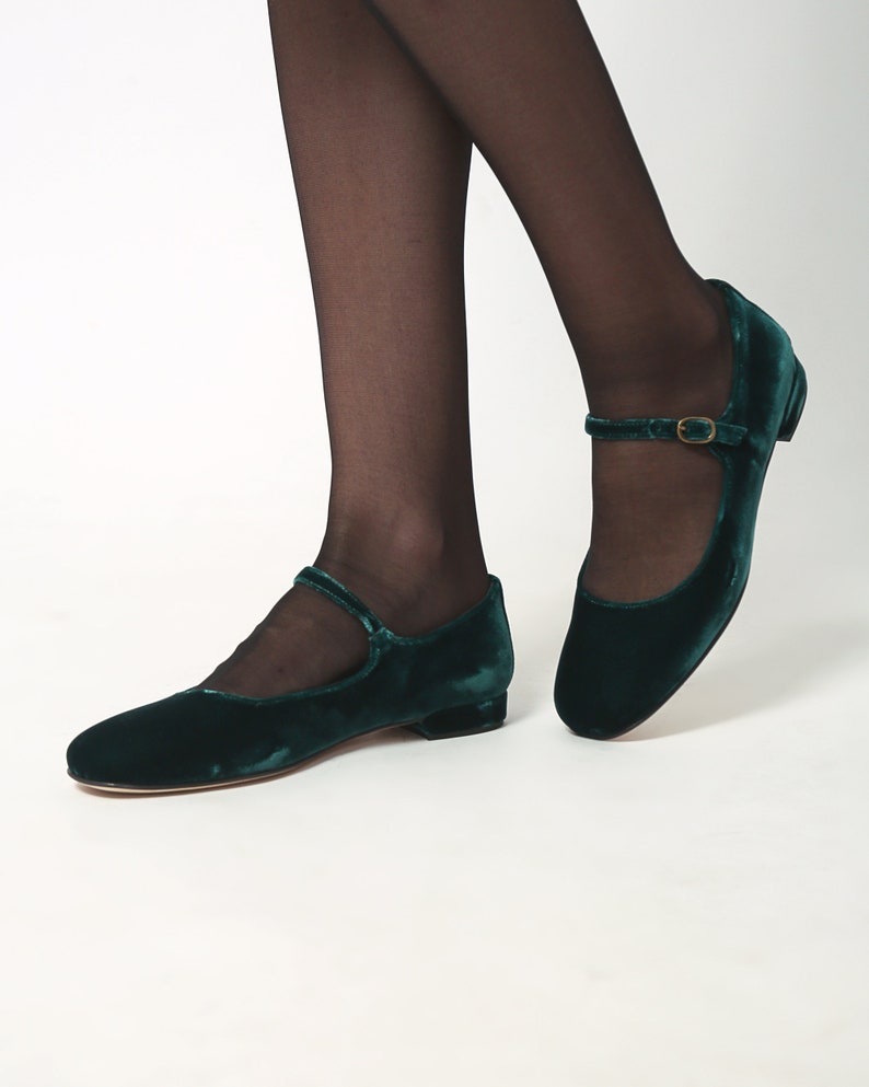 Green velvet Mary Jane low heels flats, ballet flats shoes image 8