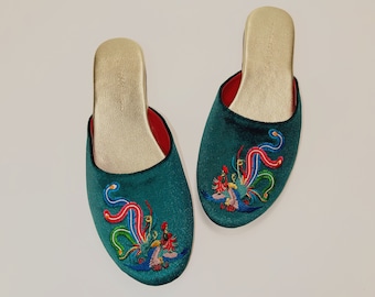 Embroidered phoenix velvet mules - women velvet slippers, luxury slippers, wedding slippers, bridal shower gifts, wedding flats