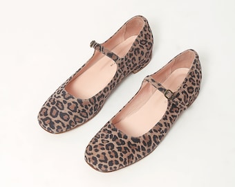 Colette Mary Jane in Leopard suede low heels flats, ballet flats shoes