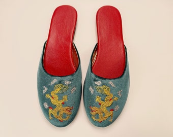 Embroidered Dragon Velvet Mules in Teal - Women's Luxury Slippers
