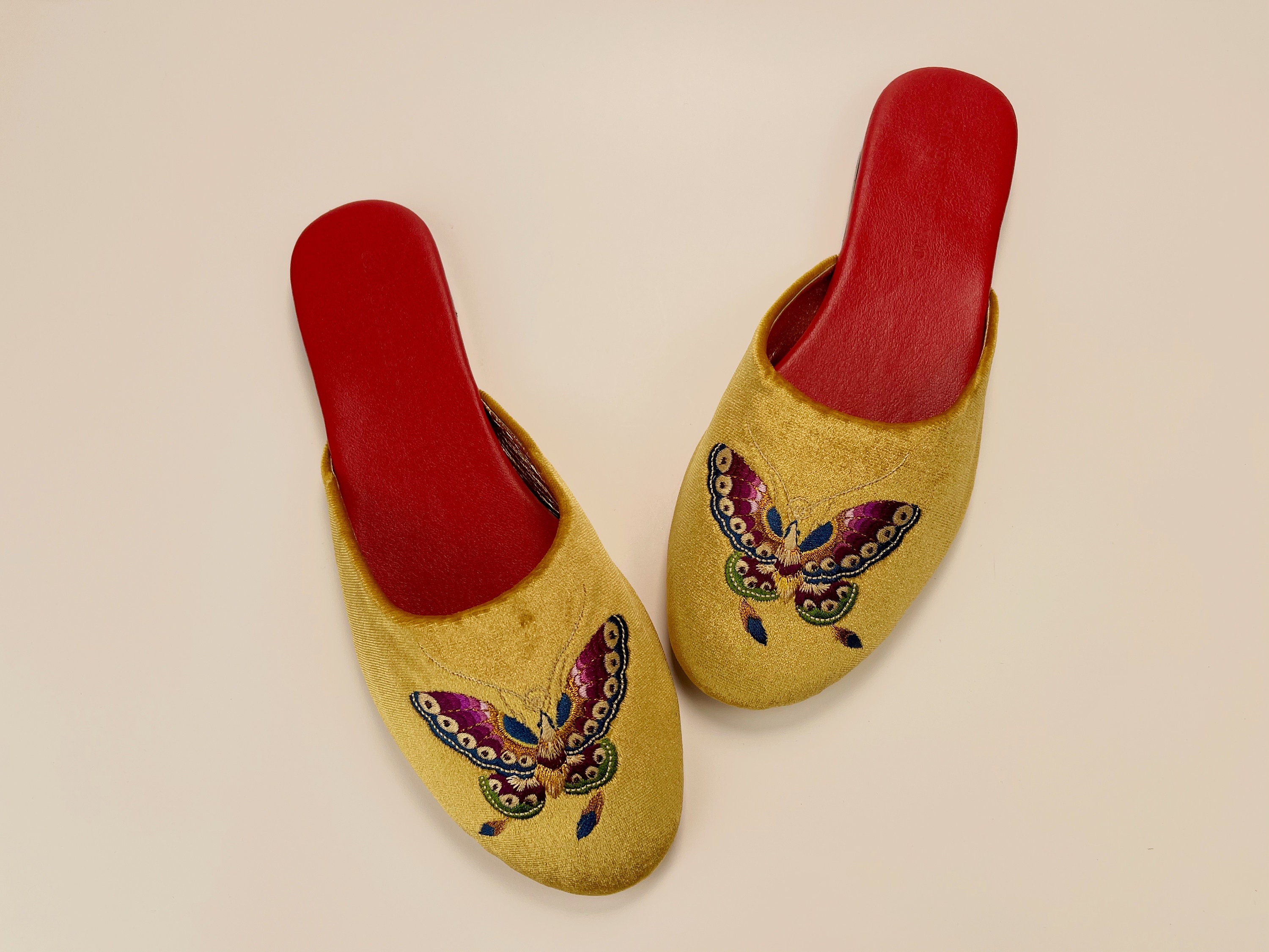 Embroidered Butterfly Velvet Mules in Gold - Women's Luxury Leather…