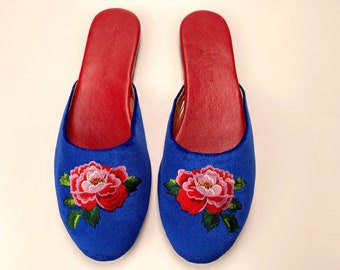 Embroidered Peony Velvet Mules in Parisienne Blue– Women's Luxury Bridal Slippers