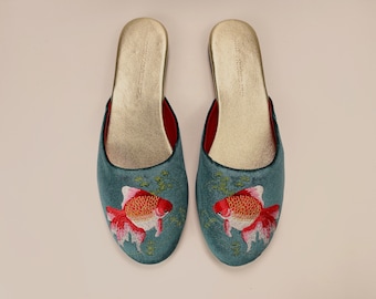 Embroidered goldfish velvet mules - women velvet slippers, luxury slippers, wedding slippers, bridal shower gifts, wedding flats