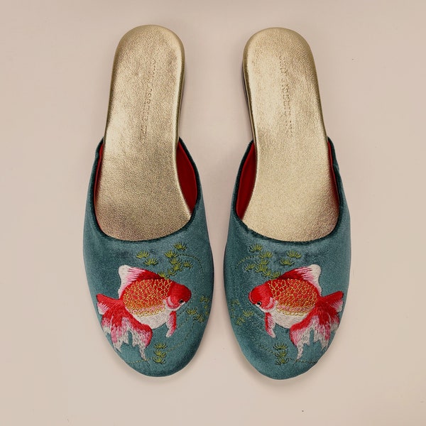 Embroidered goldfish velvet mules - women velvet slippers, luxury slippers, wedding slippers, bridal shower gifts, wedding flats