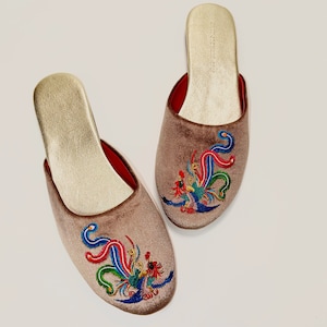 Embroidered phoenix velvet mules - women velvet slippers, luxury slippers, wedding slippers, bridal shower gifts, wedding flats