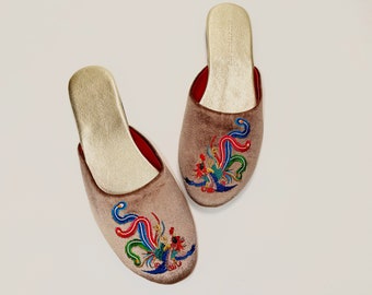 Embroidered phoenix velvet mules - women velvet slippers, luxury slippers, wedding slippers, bridal shower gifts, wedding flats