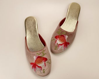 Embroidered goldfish velvet mules - women velvet slippers, luxury slippers, wedding slippers, bridal shower gifts, wedding flats