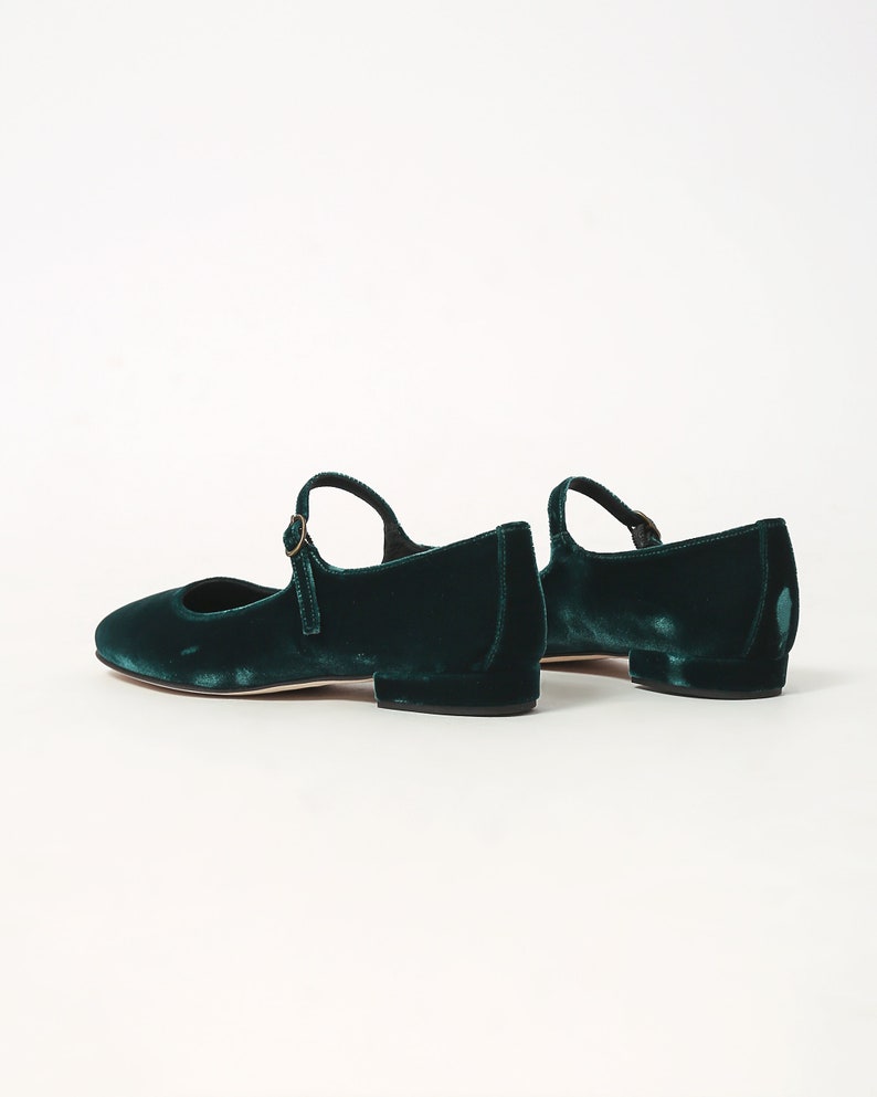 Green velvet Mary Jane low heels flats, ballet flats shoes image 4