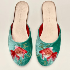 Embroidered Goldfish Velvet Mules in Jade - Luxury Women's Slippers