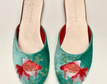 Embroidered Goldfish Velvet Mules in Jade - Luxury Women's Slippers