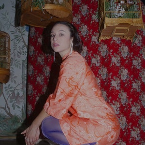 May include: A woman wearing a peach-colored dress with a floral pattern, blue sparkly tights, and blue velvet slippers with gold embellishments. She is sitting in front of a red floral patterned background with two birdcages.