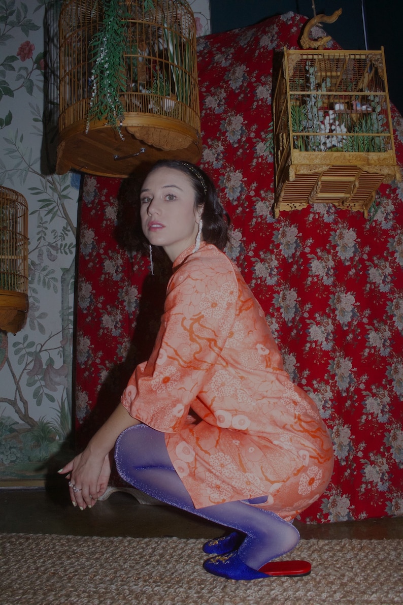 May include: A woman wearing a peach-colored dress with a floral pattern, blue sparkly tights, and blue velvet slippers with gold embellishments. She is sitting in front of a red floral patterned background with two birdcages.