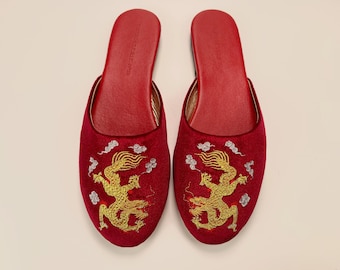 Embroidered Dragon Velvet Mules in Red Wine - Women's Luxury Slippers