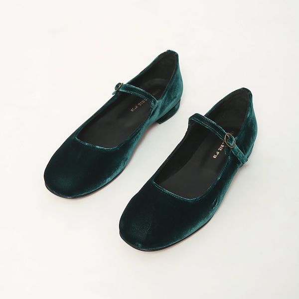 Green velvet Mary Jane low heels flats, ballet flats shoes
