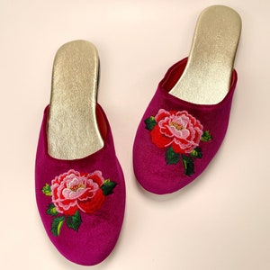 Embroidered peony velvet mules - women velvet slippers, luxury slippers, wedding slippers, bridal shower gifts, wedding flats