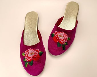 Embroidered peony velvet mules - women velvet slippers, luxury slippers, wedding slippers, bridal shower gifts, wedding flats