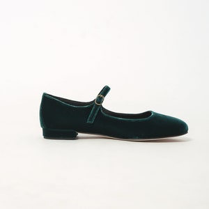 Green velvet Mary Jane low heels flats, ballet flats shoes image 3