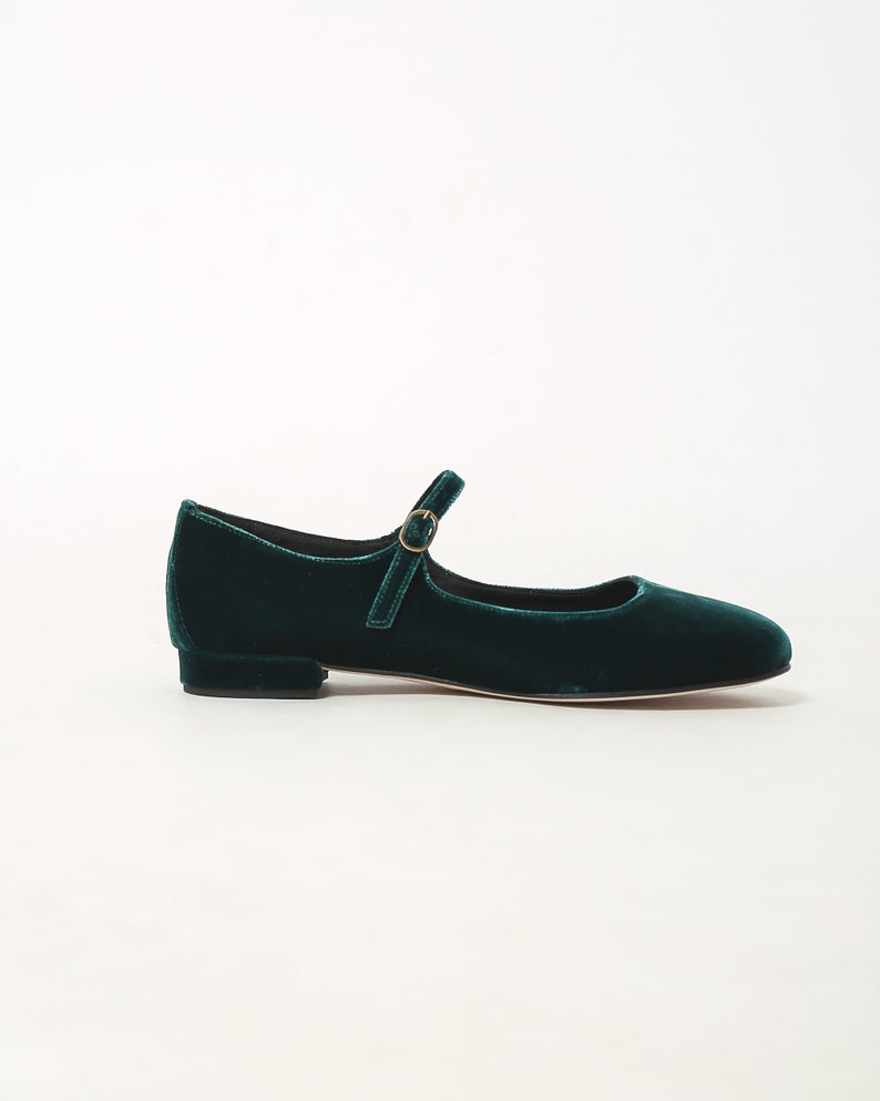 Green velvet Mary Jane low heels flats, ballet flats shoes image 3