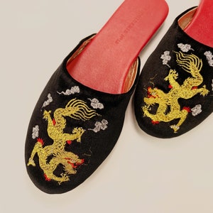 Embroidered dragon velvet mules women velvet slippers, luxury slippers, wedding slippers, bridal shower gifts, wedding flats image 2