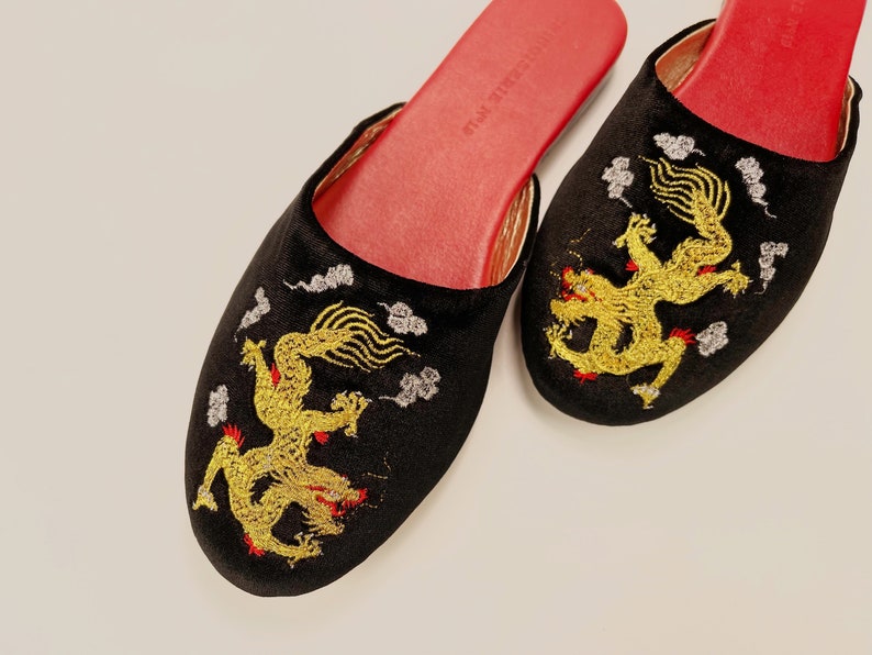 Embroidered dragon velvet mules women velvet slippers, luxury slippers, wedding slippers, bridal shower gifts, wedding flats image 2