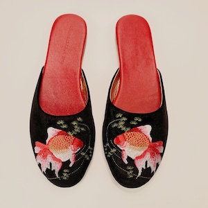 Embroidered goldfish velvet mules - women velvet slippers, luxury slippers, wedding slippers, bridal shower gifts, wedding flats