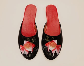 Embroidered goldfish velvet mules - women velvet slippers, luxury slippers, wedding slippers, bridal shower gifts, wedding flats
