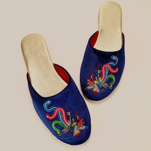 Embroidered phoenix velvet mules - women velvet slippers, luxury slippers, wedding slippers, bridal shower gifts, wedding flats