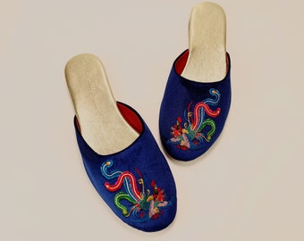 Embroidered phoenix velvet mules - women velvet slippers, luxury slippers, wedding slippers, bridal shower gifts, wedding flats