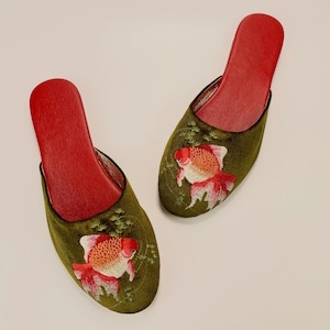 Embroidered goldfish velvet mules - women velvet slippers, luxury slippers, wedding slippers, bridal shower gifts, wedding flats