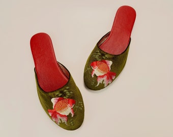 Embroidered goldfish velvet mules - women velvet slippers, luxury slippers, wedding slippers, bridal shower gifts, wedding flats